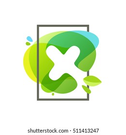 X letter logo in square frame at green watercolor splash background. Vector ecology typography for your posters, invitations, cards. 
