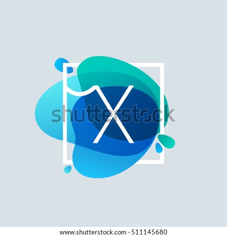 X letter logo in square frame at blue watercolor splash background. Vector ecology typography for your posters, invitations, cards. 