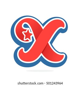 X letter logo with star in vintage baseball style. Sport elements for sportswear, club, t-shirt, banner, card, labels or posters.