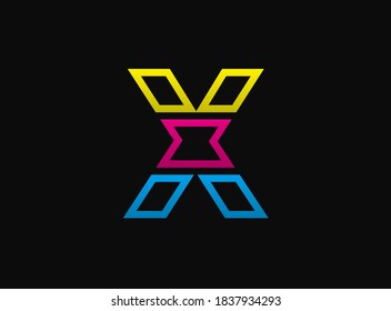 X letter logo, vector desing font .Dynamic cmyk split blue, pink, yellow color on black background. For social media,design elements, creative poster, web template etc.