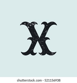 X letter logo. Vintage decorative slab serif with rough grunge texture. Vector font for western, sport or historical labels, posters etc.