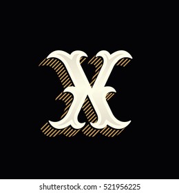 X letter logo in vintage western style with lines shadow. Vector font for barber shop labels, sport posters, jewelry cards etc.