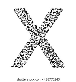 X letter made of musical notes on white background. Alphabet for art school. Trendy font. Graphic decoration.