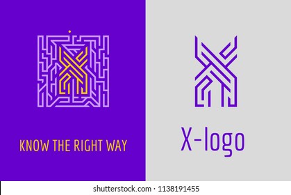 X letter maze. Creative logo for corporate identity of company: letter X. The logo symbolizes labyrinth, choice of right path, solutions. Suitable for consulting, financial, construction, road compani