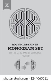 X letter maze. Set for the labyrinth logo and monograms, coat of arms, heraldry.
