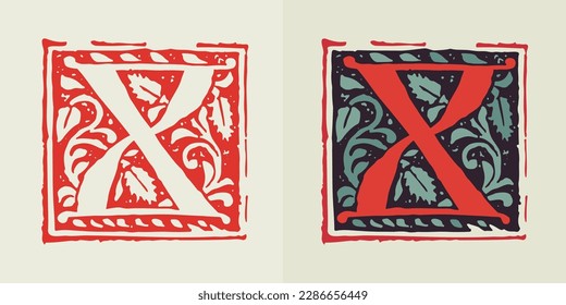 X letra gótica medieval inicial. Logo de la tapa de caída estilo carta negra. Caligrafía luminosa de color oscuro y forma cuadrada monocroma. Perfecto para afiche de la Edad Media, identidad vintage, objetos históricos.
