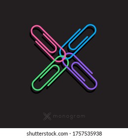 X letter. X monogram consist of some color clip, isolated on a dark background. Monochrome option.