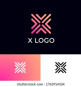 X letter. X monogram consist of some pink linear elements on a dark background. 