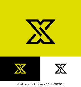 X letter monogram. A flat linear letter on a yellow background. Crossed, crossed figures constituting the letter X.