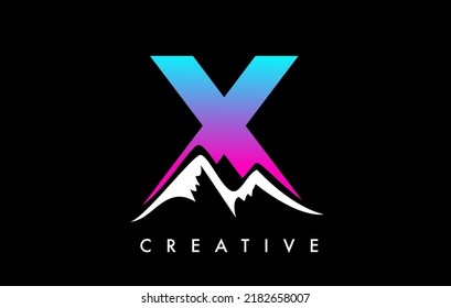 X Letter Mountain Icon Logo Design. Buchstabe X mit Bergspitzen und farbenfroher, lebendiger Vektorgrafik.