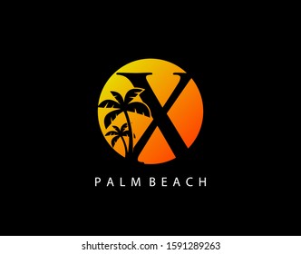 X Letter Palm Tree and Sun Set Logo Icon. Perfect for surfing shop, sport, Tour and Travel. Initial X with sunset and palm tree.