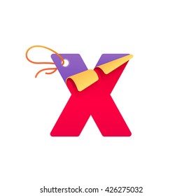 X letter with paper folded corner and sale tag. Vector paper style typeface for best price tag. Sale sticker icon for card, special offer tag, corporate identity, label or poster.