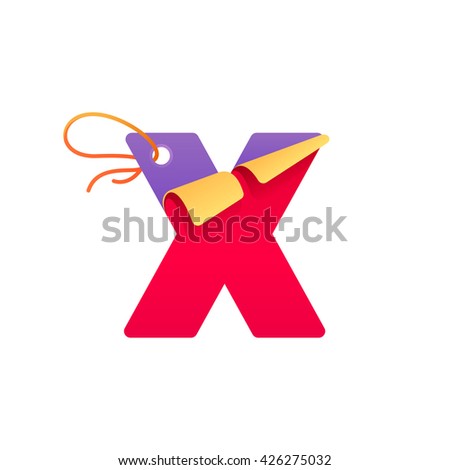 X letter with paper folded corner and sale tag. Vector paper style typeface for best price tag. Sale sticker icon for card, special offer tag, corporate identity, label or poster.