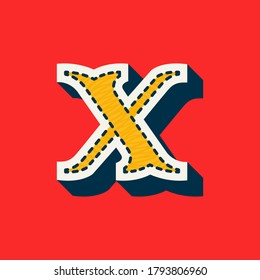 X letter sports team logo in tackle twill style. Embroidered serif font for university uniform, baseball champion posters and vintage basketball identity.