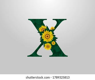 X Brief mit Sonnenblume, Vektordesign. Logo-Symbol für Blume X. Typografie-Design