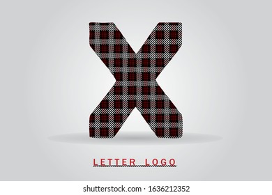 X letter with tartan pattern vector illustration. Textile fabric letter for logo, label, card, print, brochure, flyer, textile business title, sewing concept, clothing store or web page design.