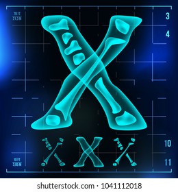 X Letter Vector. Capital Digit. Roentgen X-ray Font Light Sign. Medical Radiology Neon Scan Effect. Alphabet. 3D Blue Light Digit With Bone. Medical, Hospital, Pirate, Futuristic Style. Illustration
