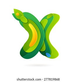 X letter volume ecology logo, leaves and water drops vector design template elements