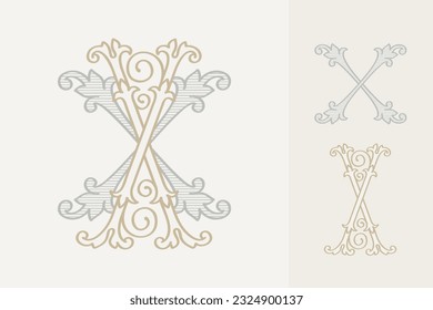 X letter wedding monogram creator kit. Elegant historical style alphabet for party invitations. This set includes Wide and Narrow capitals for your own emblem. Find full set in my profile.