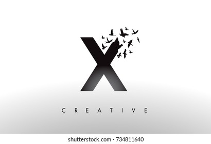 X Logo Letter with Flying Flock of Birds Disintegrating from the Letter. Bird Fly Letter Icon.