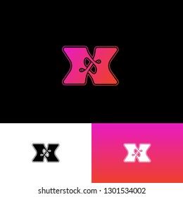 X logo. X letter monogram consist of interlaced, crossed elements. Flat linear style emblem. 