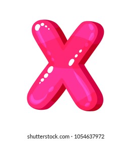 X magenta glossy bright English letter, kids font vector Illustration on a white background
