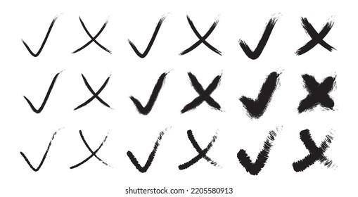 X mark, check mark brush icon set. Grunge cross, brush drawn X symbol, hooks and crosses, freehand checkbox, vote sign vector illustration