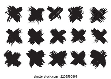 X mark icon set. Grunge cross, brush drawn X symbol, vote silhouette, scribble crosses, error button, freehand check sign, wrong decision pictogram, failed vector illustration