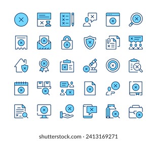 X mark icons set. Vector line icons. Blue color outline stroke symbols. Modern concepts