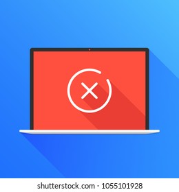 X mark on laptop screen. Notebook and thin line cross mark icon, white round close button. Modern flat design graphic elements. Long shadow design. Vector illustration