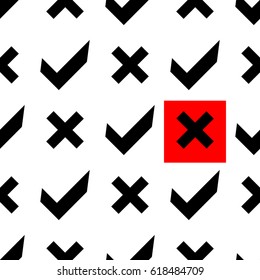 X and mark yes. Seamless pattern. Abstract background for wallpaper and paper. Vector illustration isolated on a white background. Black with red accent elements.