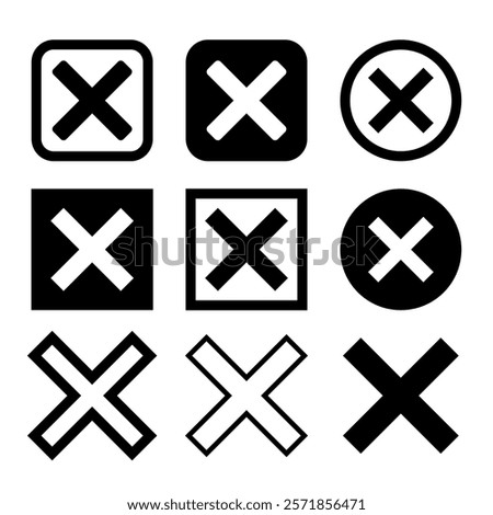 X marks with circle, x mark with square. X marks or crosses icons set variations.Cut out, out line and line style. Vector illustration