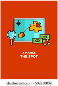 X Marks The Spot (Treasure Map Hunt With Magnifying Glass and Money Line Icon Quote Poster Design)