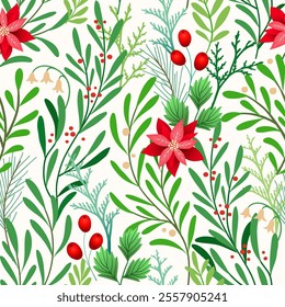 X mas floral seamless pattern with leaves, fir branches, holly berry, mistletoe, poinsettia flowers. Christmas holiday background for postcard, cover, banner, label, print, fabric, wrapping, wallpaper