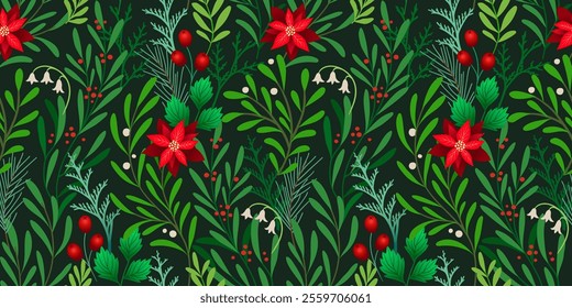 X mas floral seamless pattern with leaves, fir branches, holly berry, mistletoe, poinsettia flowers. Christmas holiday background for postcard, cover, banner, label, print, fabric, wrapping, wallpaper