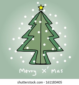 X' mas tree cartoon with star, snow and text Merry X' mas / vector and illustration.