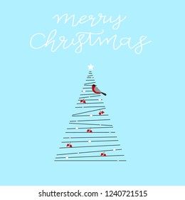 X mas tree is simple with bird and berries. Christmas Tree made of line. . Merry Christmas greeting card, poster, banner,logo, badge with hand drawn lettering and background with chrristnas tree. 