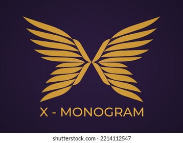 X - Monogram emblem gold logo design. Abstract golden wings butterfly or angel. Creative idea logos designs. Symbol and Icon vector template.