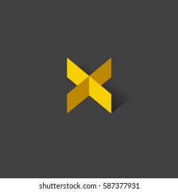 X monogram.  letter icon.
Yellow origami letter with shadow on the dark background.