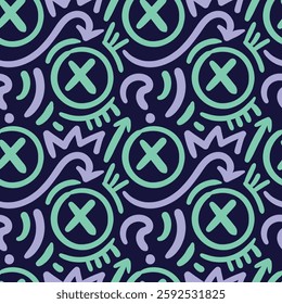 X and O doodle seamless pattern in blue green and purple