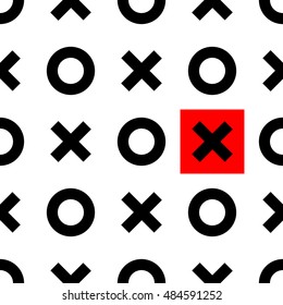 X and O. Seamless pattern. Abstract background for wallpaper and paper. Vector illustration. Black with red accent elements.