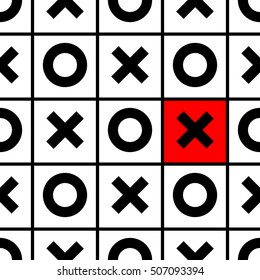 X and O. Seamless pattern. Abstract background for wallpaper and paper. Vector illustration. Black with red accent elements.