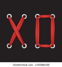 X O t-shirt fashion print on white background. Pattern with hugs and kisses lettering sign from red ribbon and silver eyelets for tshirt and apparel graphics, poster, print, postcard.