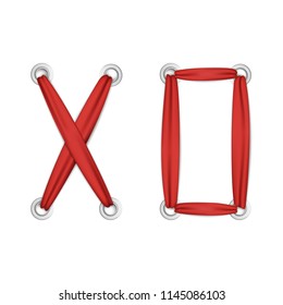 X O t-shirt fashion print on white background. Pattern with hugs and kisses lettering sign from red ribbon and silver eyelets for tshirt and apparel graphics, poster, print, postcard.