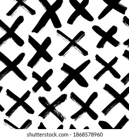 X pattern vector seamless background. Black and white grunge texture with crosses or pluses. Abstract background with brush strokes. Geometrical seamless pattern for wallpaper, web, design or textile