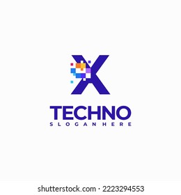 X Pixel Letter Logo Design Template, Pixel Technology logo symbol concept