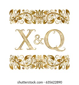 X and Q initials vintage logo. The letters surrounded by ornamental elements. Wedding or business partners monogram in royal style.