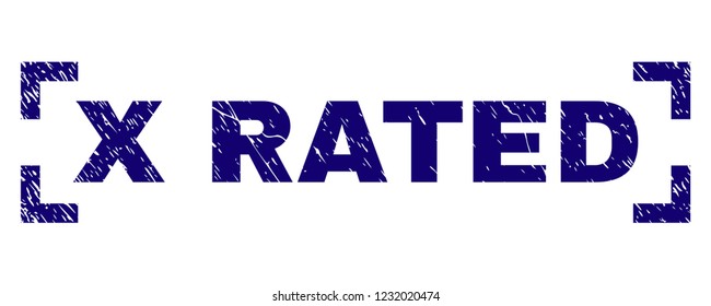 X RATED text seal watermark with distress texture. Text tag is placed between corners. Blue vector rubber print of X RATED with retro texture.