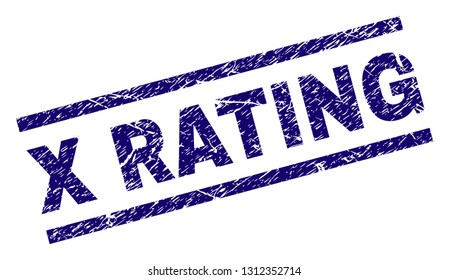 X RATING seal watermark with grunge style. Blue vector rubber print of X RATING title with grunge texture. Text title is placed between parallel lines.