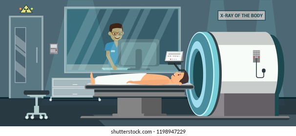 X Ray of Boby. Digital Technology in Medicine. Mri Scanner and Medicine diagnostic Concept. Mri Room in Hospital. Medical Health care Set. Doctor and Patient in Clinic. Vector Flat Illustration.